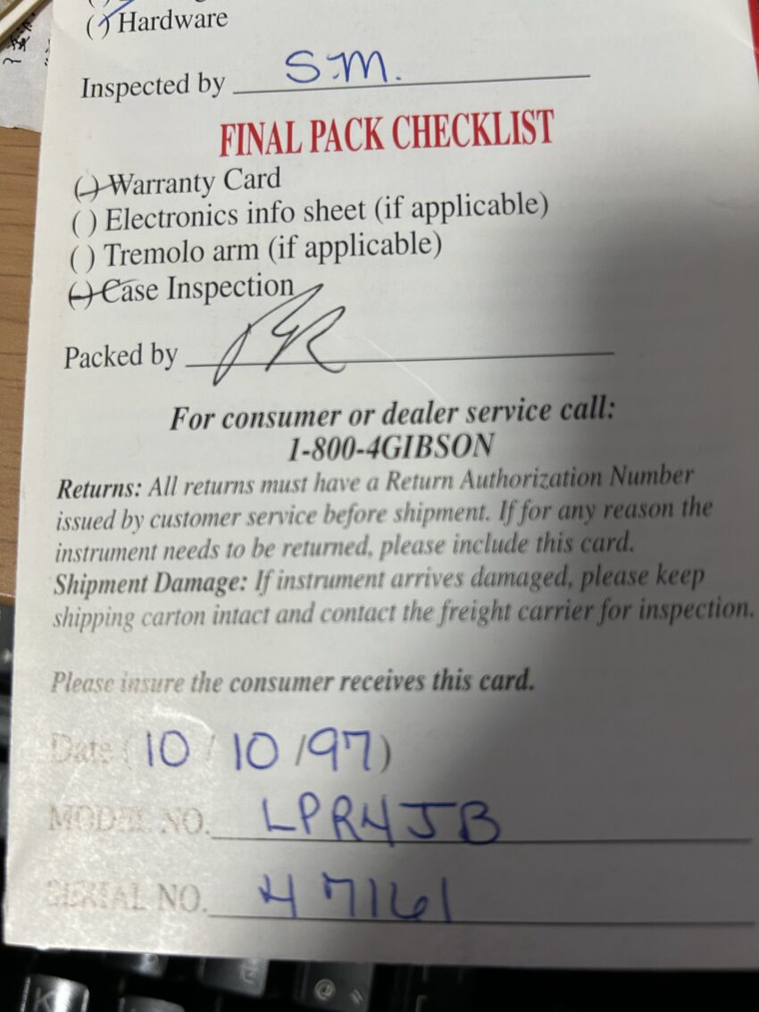 Gibson純正 FINAL PACK CHECKLIST(Date 10/10/97・MODEL LPR4JB